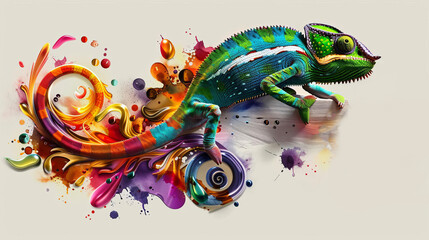 Wall Mural - a chameleon changing colors to a spectrum flat design side view theme of exotic wildlife water color Split-complementary color scheme, isolated on white,