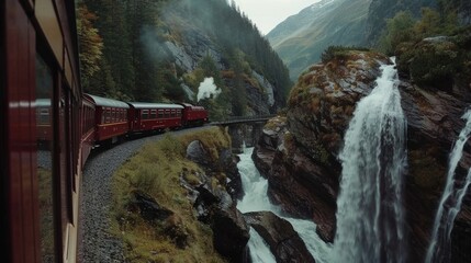 Wall Mural - As the train moves through the mountains waterfalls seem to follow its path.