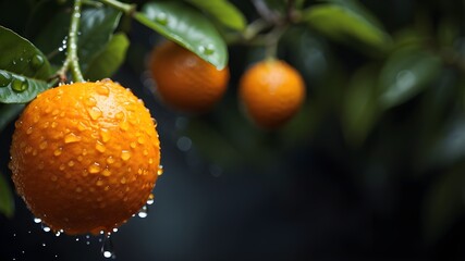 Wall Mural - a close-up, micro image of a fresh orange fruit hanging on a tree with water droplets forming a broad banner with space for copy.