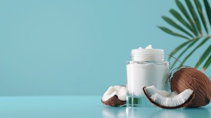 Wall Mural - Coconut cream and fresh coconut in a glass jar on blue background Retinol moisturizer in glass jar organic beauty cream