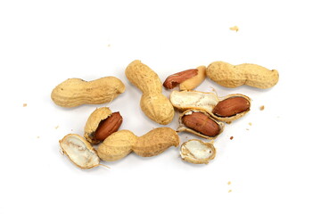 Raw peanuts top view isolated on white background (shelled, husk, whole, halves) 