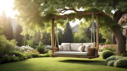 For house landscaping design ideas, imagine a lovely wooden swing hung by a rope in a backyard with lush vegetation, trees, and peaceful morning spring light.