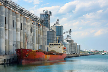 Cargo ships docked near silos