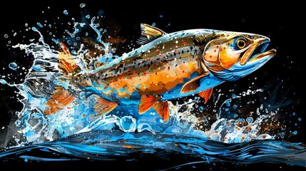 Detailed digital art of a jumping tuna fish for t-shirt design, with contour style, isolated on water background.