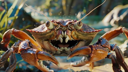 Wall Mural - Crab character smiling with big claws on a white. 