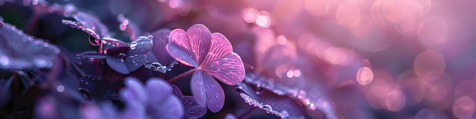 Wall Mural - Close Up of Dew Covered Pink Clover Leaves with Shimmering Bokeh Background