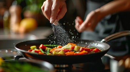 Wall Mural - A chefs hands sprinkling a pinch of sea salt over a sizzling pan of saut ed vegetables cooked in avocado oil.