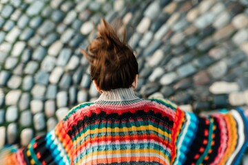 Poster - Vibrant Abstract Portrait of an Unidentifiable Person in Multicolored Sweater, Blurred Urban Background, Using Long Exposure Techniques