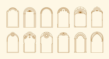 Wall Mural - art deco arch frames with vector borders of gold line geometric pattern. luxury golden arches with e