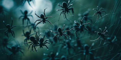 Tiny Black Spiders on Web Creating Eerie Atmosphere Against Dark Blurred Background