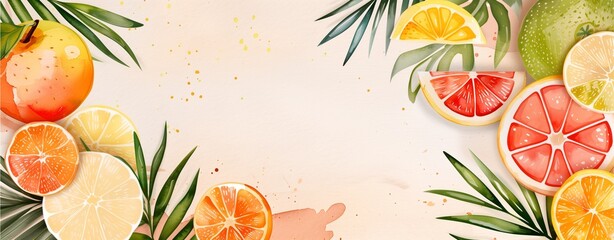 Simple tropical fruits background in watercolor style.