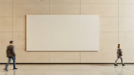 Poster - Blurred Figures Passing a Warm Beige Urban Wall with Empty Poster in a Sunny Kitchen Setting