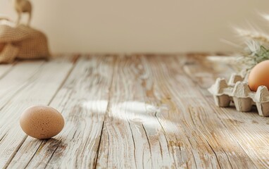 Aufkleber - Sunlit Wooden Table with Egg and Carton, Vibrant Fresh Food Theme and Minimalist Aesthetic