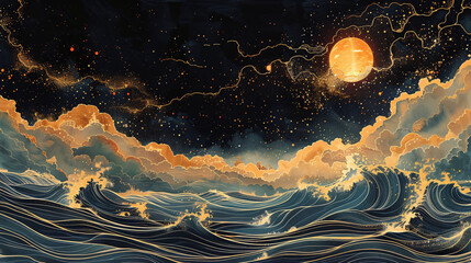 Wall Mural - A stylized night sky with a glowing sun, swirling waves, and clouds, featuring intricate lines and golden hues, creating a dreamy, surreal atmosphere