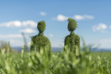 Aufkleber - Symmetrical Surrealism Art of Two Topiary Human Figures in Grassy Field Under Blue Sky, Created with Long Exposure and Blurred Movement