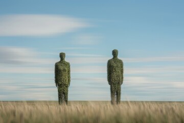 Aufkleber - Surreal Symmetrical Image of Blurry Topiary Figures in Grassy Field with Blue Sky and Pastel Tone Clouds