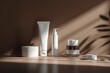 © PLUT_OFF - 3D rendering of white cosmetic products on beige and brown background, palm leaves, mockup, cosmetic creams of different types