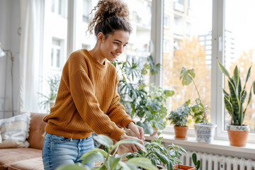 A young woman in a yellow sweater tends to her indoor plants in a bright and modern apartment.