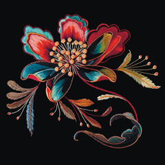 Wall Mural - Colorful embroidery beautiful 3d blossom flowers with stamens, leaves. Line art embroidered japanese style stitch lines blooming flowers on black background. Vector floral textured ornate design