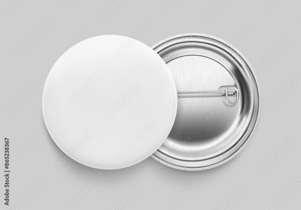 White pin button badge mockup. Vector illustration isolated on grey ...