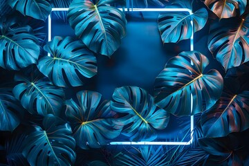 Wall Mural - Vibrant tropical leaves with neon lights framing a dark blue background, perfect for nature-themed graphic designs and modern artistic displays.