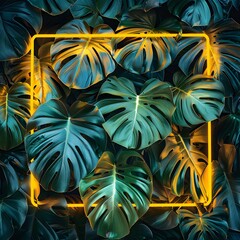 Wall Mural - Vibrant tropical leaves with neon yellow frame illuminating the foliage, creating a modern, stylish botanical background.