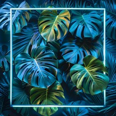 Wall Mural - Vibrant tropical monstera leaves in a unique geometric frame design. Bold green and blue foliage for nature-inspired modern decor.