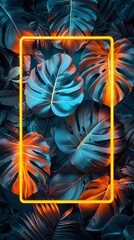 Wall Mural - Vivid and surreal tropical foliage in vibrant neon colors framed by glowing rectangle, creating a captivating and modern art piece.