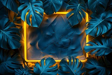 Yellow neon frame surrounded by vibrant blue tropical leaves, creating a contrasting and eye-catching backdrop.