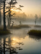 © PongSS - A breathtaking sunrise paints the sky with golden hues as the morning mist rises from a tranquil cypress swamp. The serene water reflects the ethereal beauty of the landscape