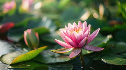 Sticker - Blooming Pink Water Lily on a Bright Day