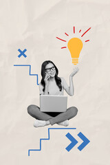 Poster - Sketch image trend artwork photo collage of idea lamp light smart decision solve puzzle hold hand young lady work laptop clever talk phone