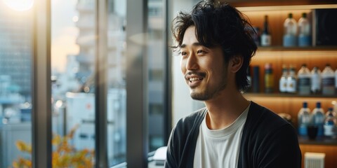 Wall Mural - japanese businessman in conference room looking out the window smile, ai