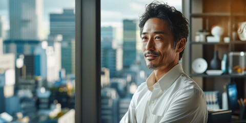 Wall Mural - japanese businessman in conference room looking out the window smile, ai