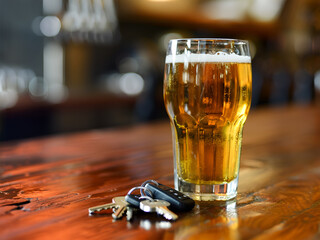 Car key with beer glass on a wooden table. Booze driving concept. Drunk driver concept.