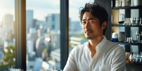 Wall Mural - japanese businessman in conference room looking out the window smile, ai