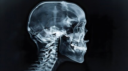 X-Ray of a Human Head: Lateral X-ray view of a human head, showing skull and cervical spine.
