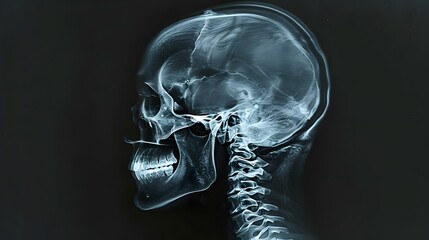 X-Ray of a Human Head: Lateral X-ray view of a human head, showing skull and cervical spine.
