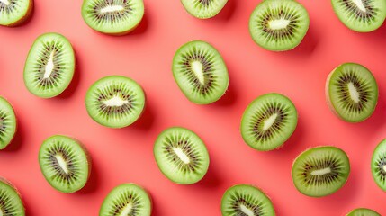 Wall Mural - Kiwi fruit slices pattern vibrant color background Minimal fl lay food texture flat juicy slice colours green red pastel minimalist summer creative design up high overhead abstract freshness fresh.