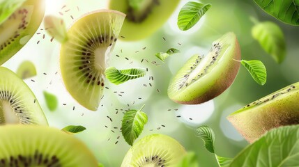 Kiwi with half slices falling or floating in the air with green leaves isolated on background, Fresh organic fruit with high vitamins and minerals.