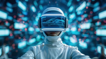 Poster - A woman in a white suit is wearing a virtual reality headset