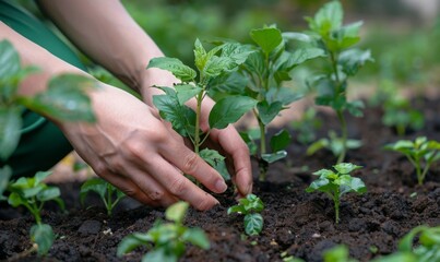 A worker's hands planting a tree in a community garden