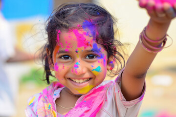 Sticker - little indian girl enjoying holi festival