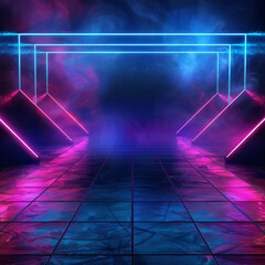 Poster - 3D technology abstract neon light background featuring an empty space scene with spotlights, dark night ambiance, virtual reality elements, and a cyber futuristic sci-fi aesthetic. 