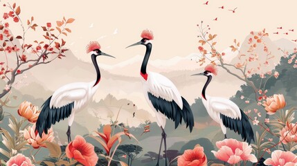 Naklejka na meble Three elegant white cranes stand amidst a vibrant floral landscape, with mountains and blossoming trees in the background.