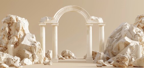 Aufkleber - beige background with an arch, ancient Greek columns, and rocks, perfect for minimalistic product presentation