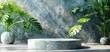 © DJSPIDA FOTO - Product display mockup with a marble podium and tropical plants background, designed in a minimalistic style