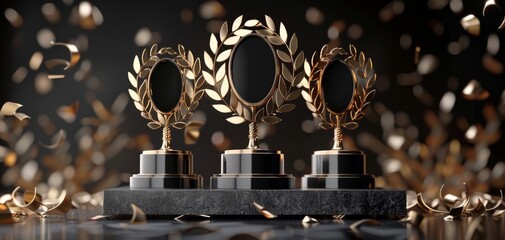 Aufkleber - Golden awards on a podium, with one large and two small laurel wreaths in the center, ideal for celebratory and recognition scenes