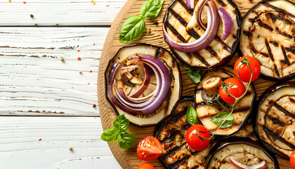 Wall Mural - Tasty grilled slices of eggplant, onion, mushroom and tomato on wooden board on white wooden table