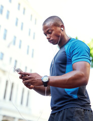 Aufkleber - Fitness, black man and outdoor with smartphone or earphones for music playlist and screaming service in Atlanta. City, warm up and jogging for training, exercise and workout with social media
